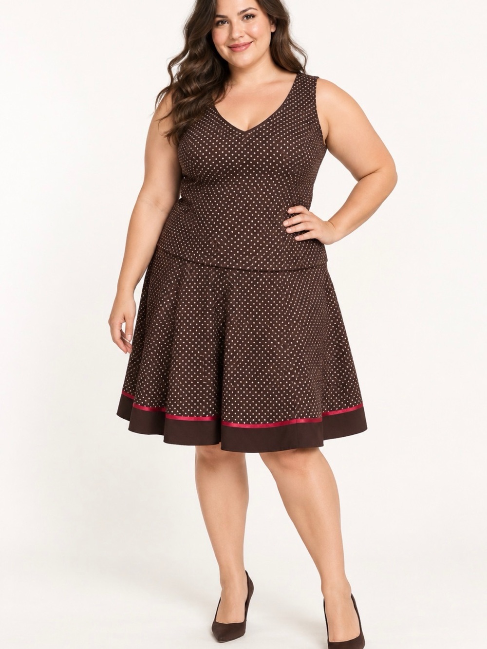 Cato Brown Polka Dot Circle Skirt with Pink Trim